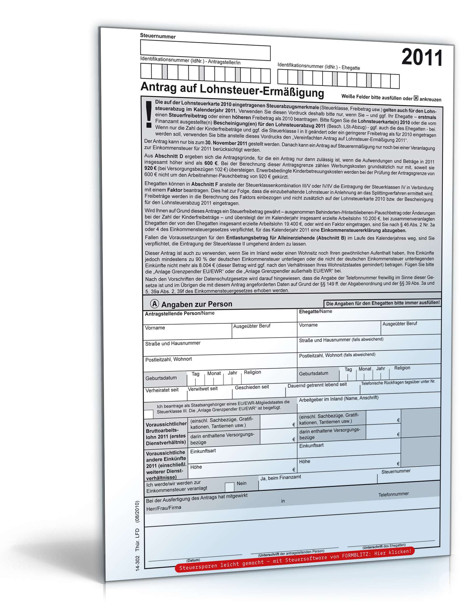 Antrag auf Lohnsteuer-Ermäßigung 2011 Dokument zum Download