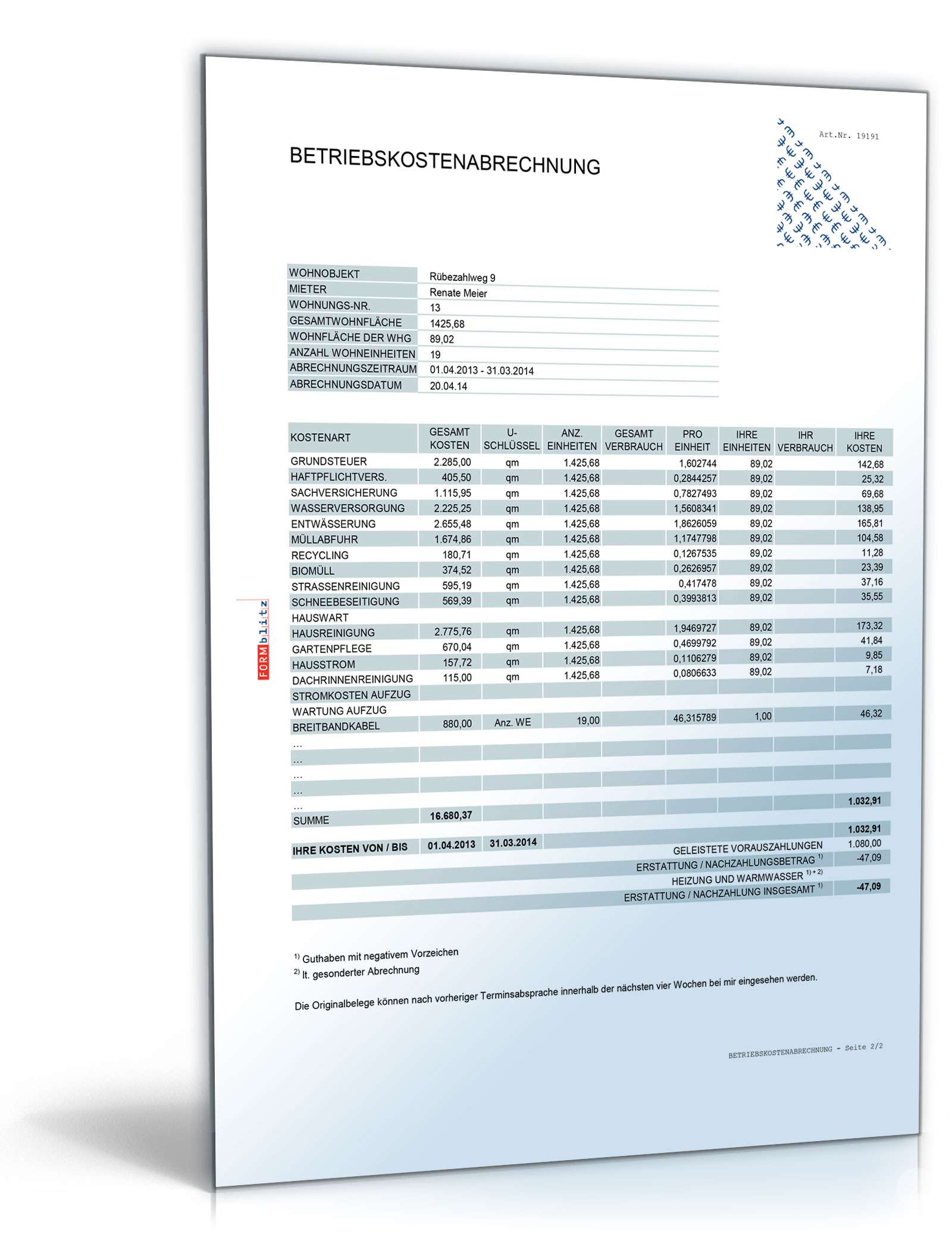 Betriebskostenabrechnung | Tabelle Mit Formeln Zum Download