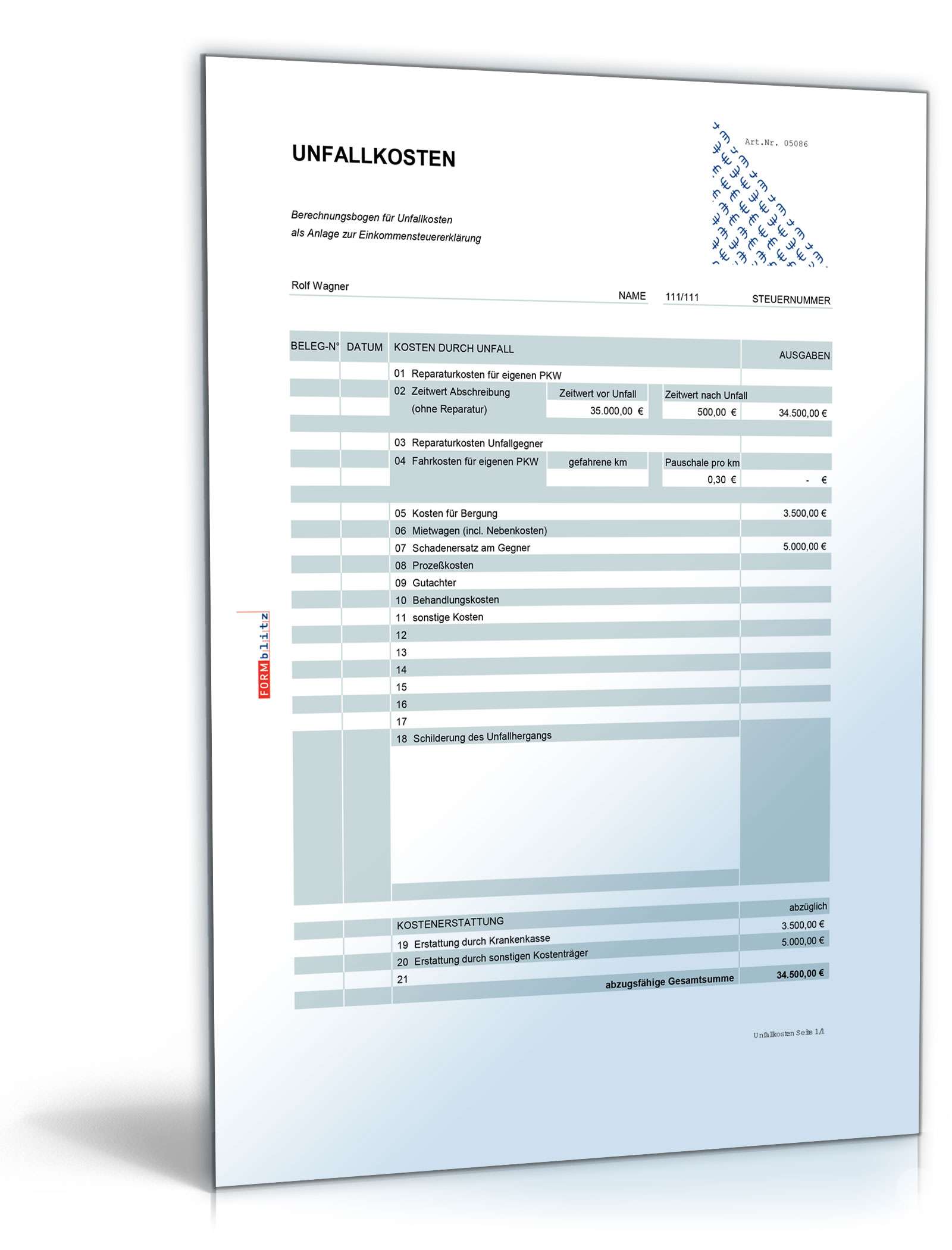 Rechentabelle Werbungskosten Unfallkosten | Vorlage Zum Download