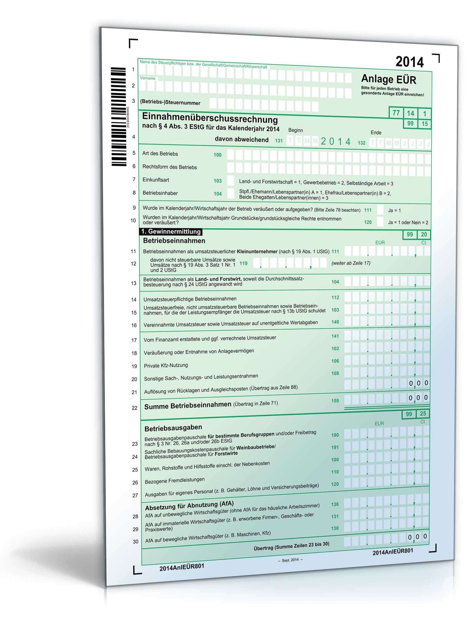 Anlage EÜR 2014 | Formular zum Download