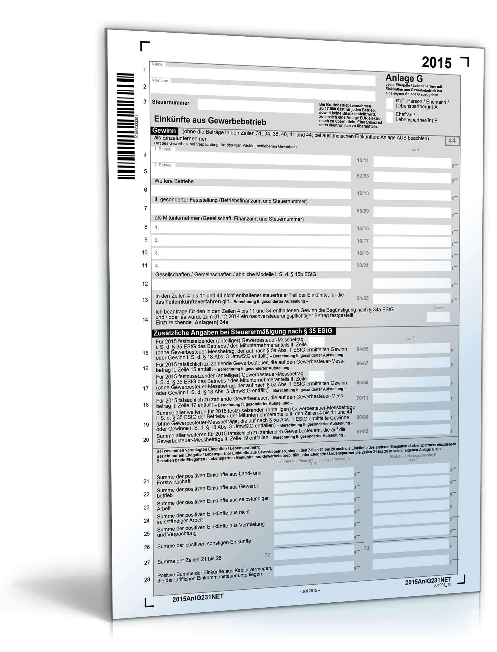 Anlage G 2015 | Steuerformular zum Download