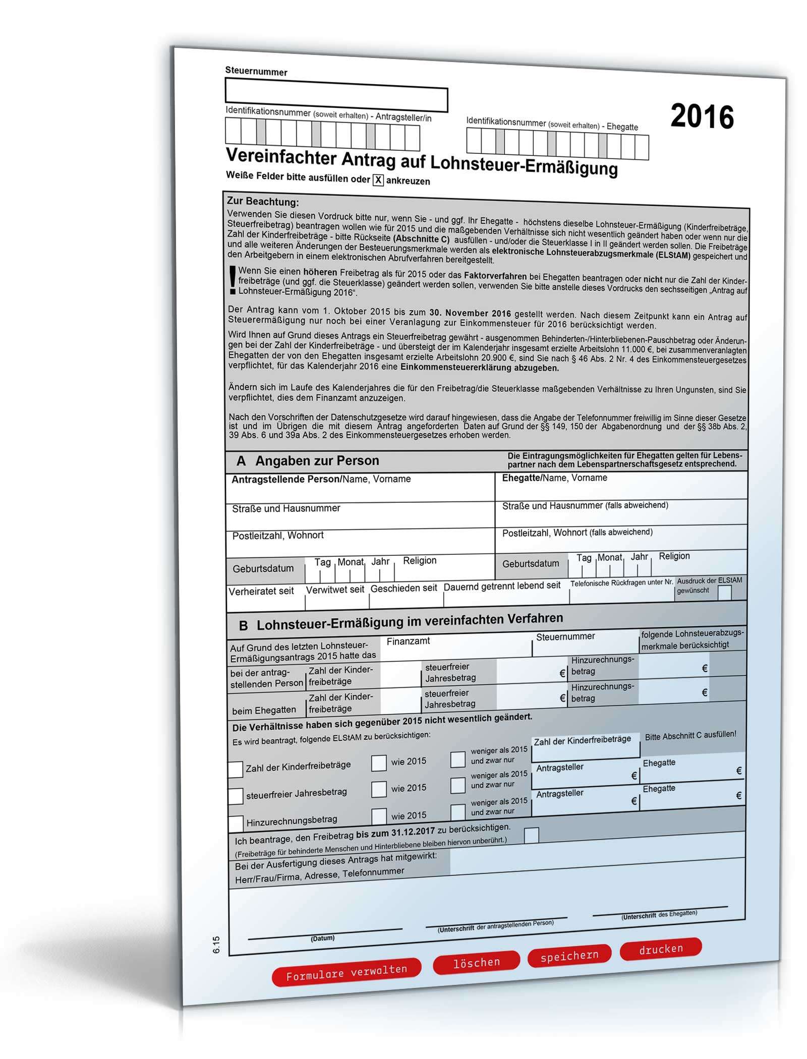 Vereinfachter Antrag auf LohnsteuerErmäßigung 2016 Formular zum Download