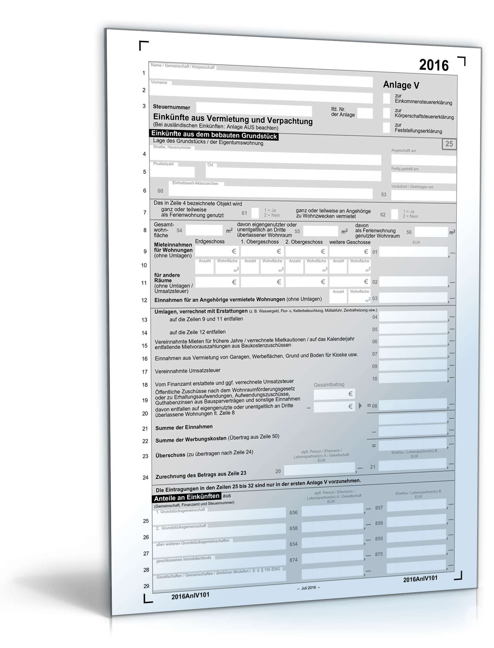 Anlage V 2016 | Steuerformular zum Download