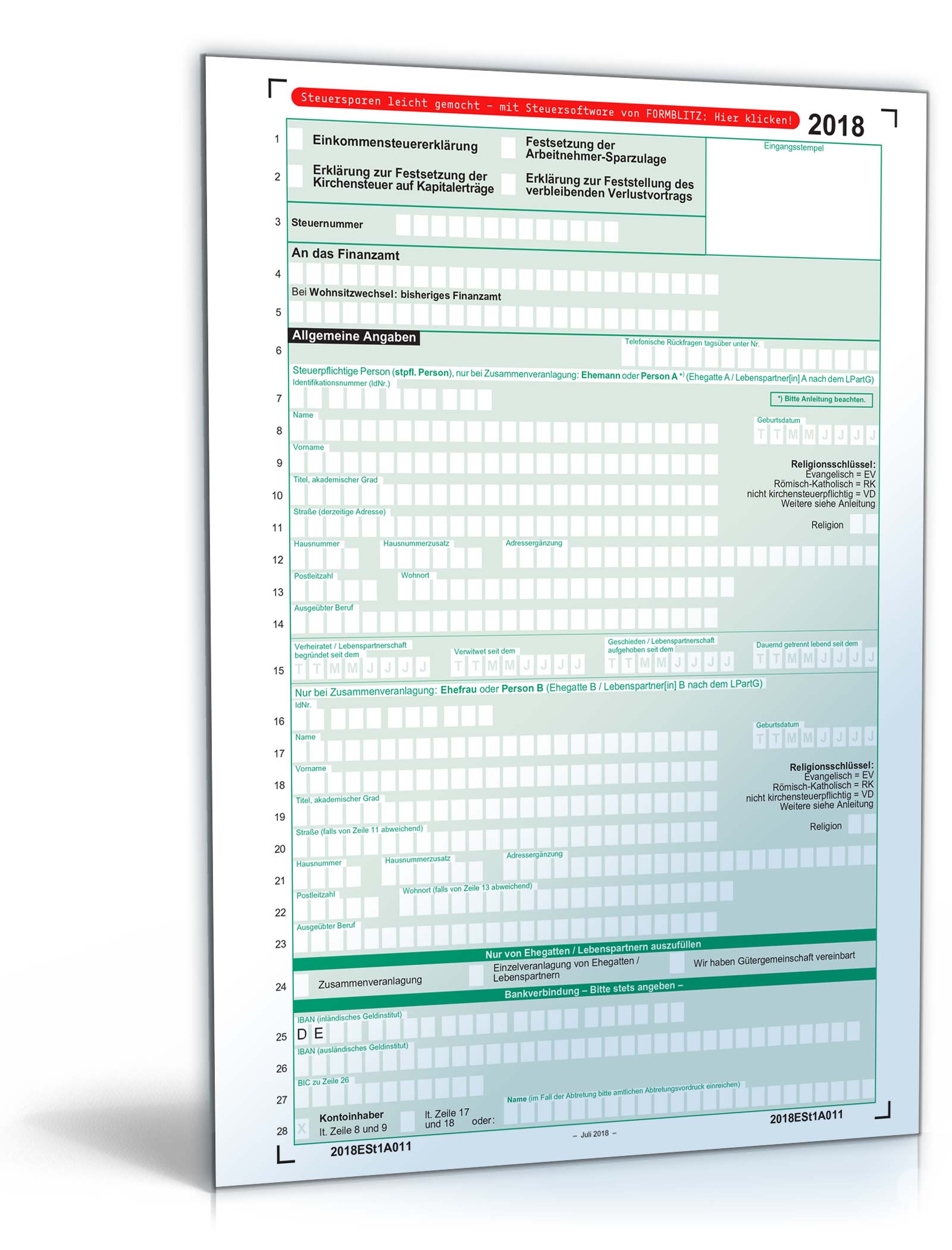 Mantelbogen Einkommensteuererklärung 2018 | Formular Zum Download