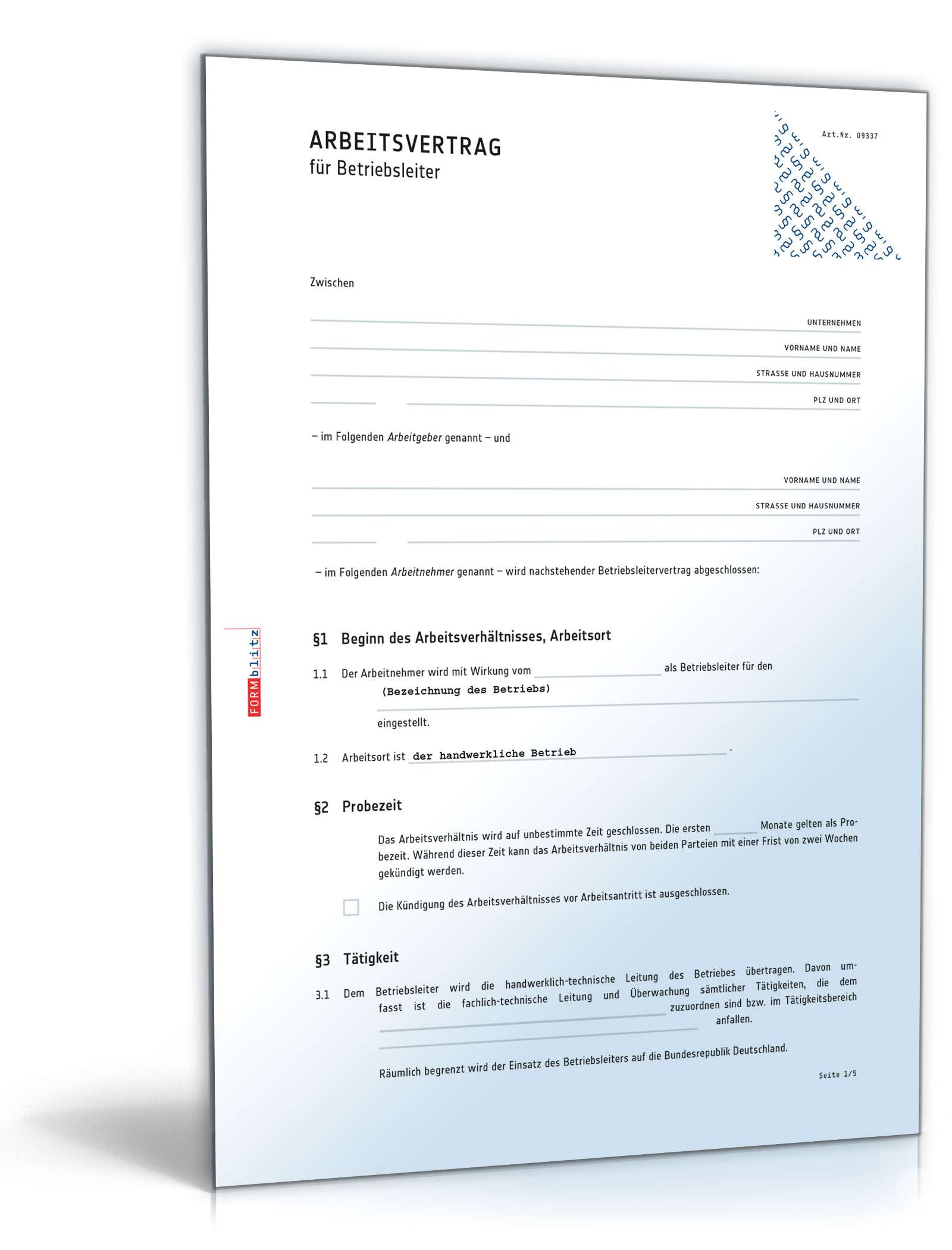 Arbeitsvertrag Betriebsleiter | Muster zum Download