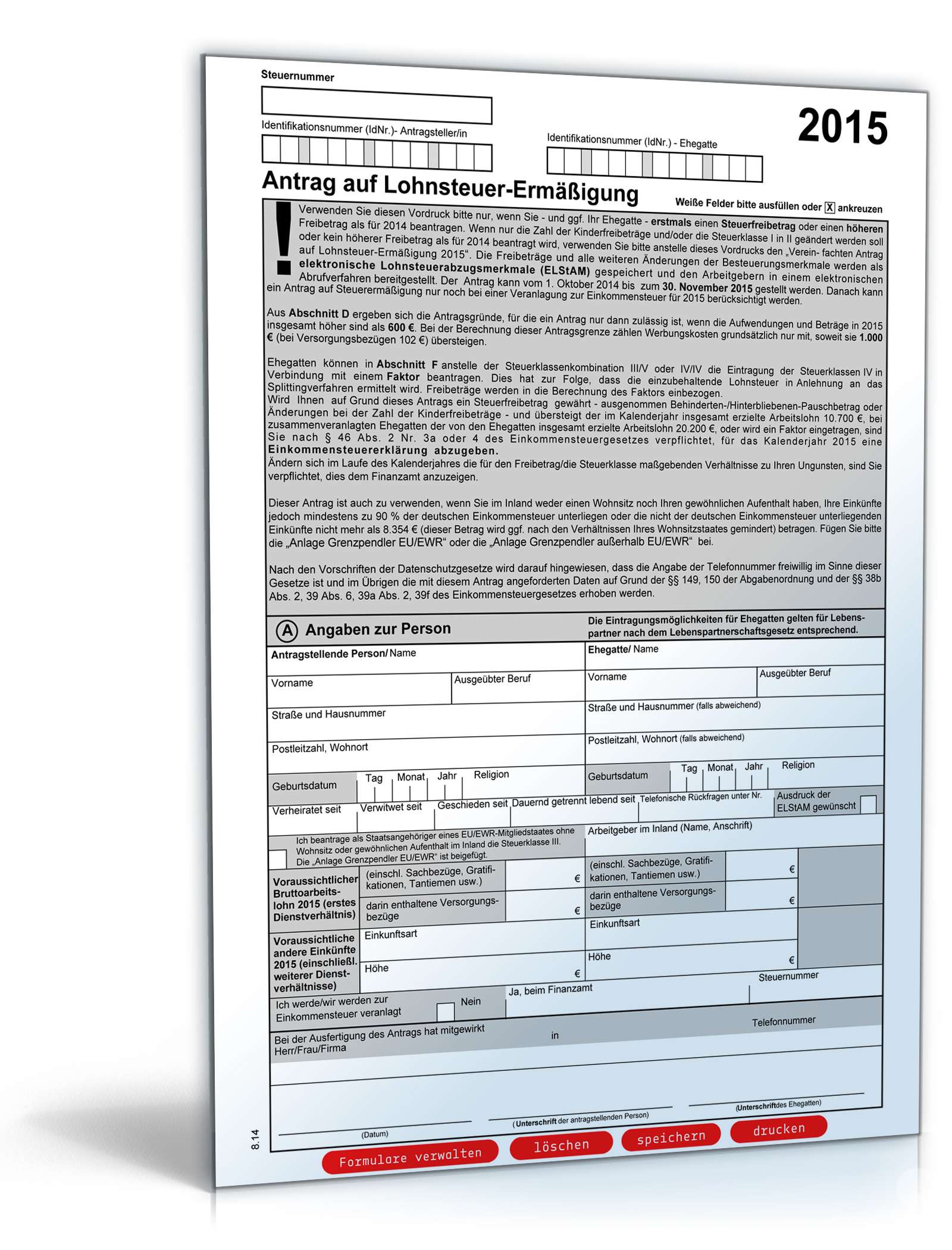 Antrag auf Lohnsteuer-Ermäßigung 2015: Formular zum Download