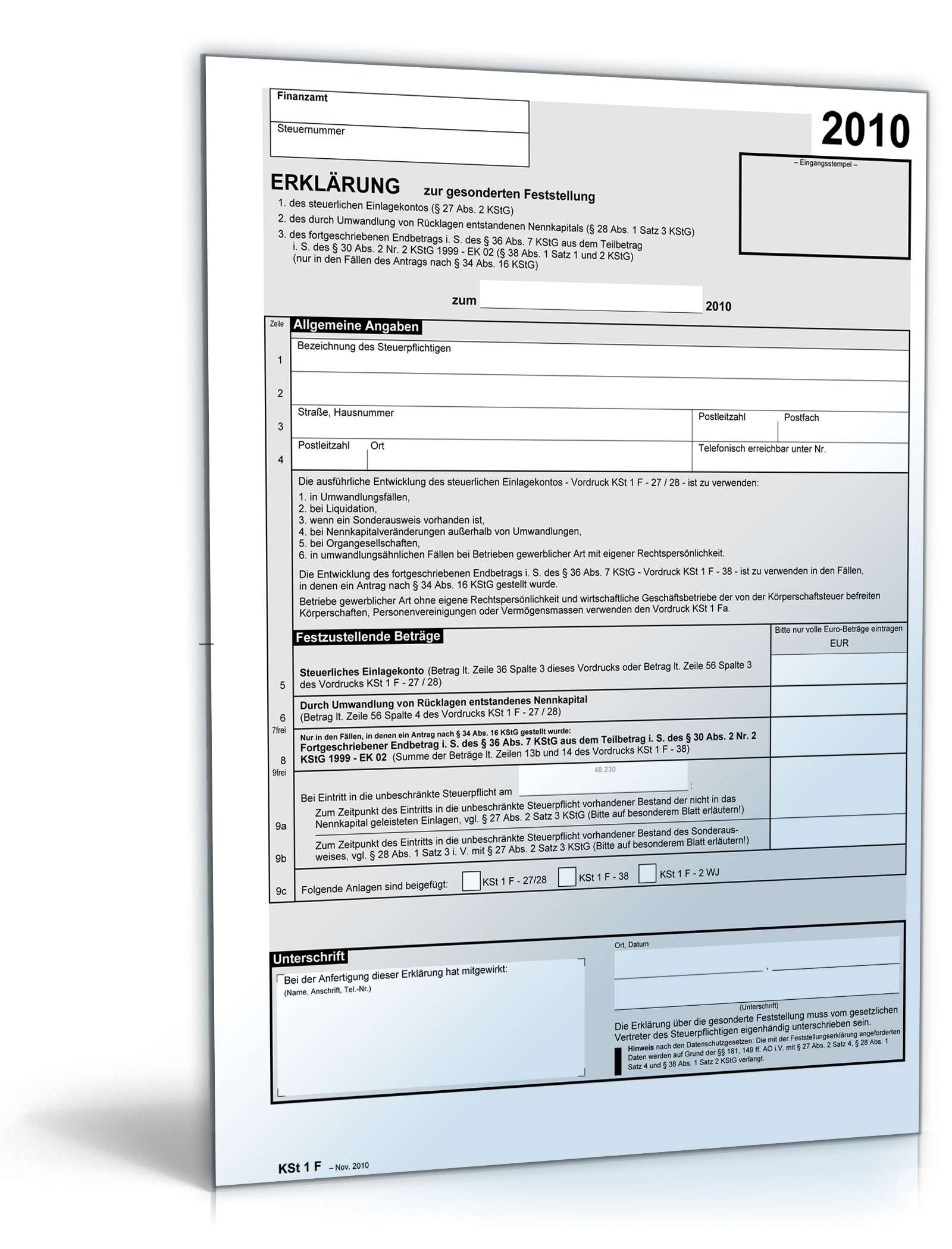 Erklärung zur gesonderten Feststellung (KSt 1 F 2010) - Formular zum