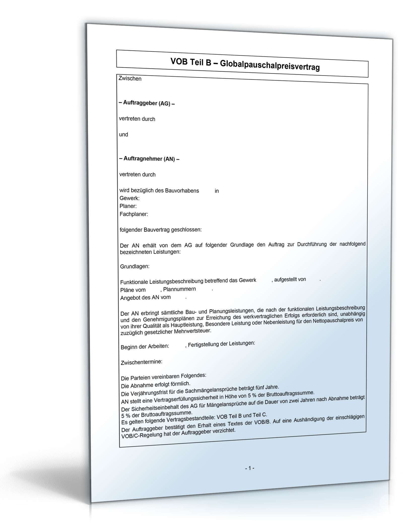 VOB/B-Bauvertrag Globalpauschalpreisvertrag | Vorlage Zum Download