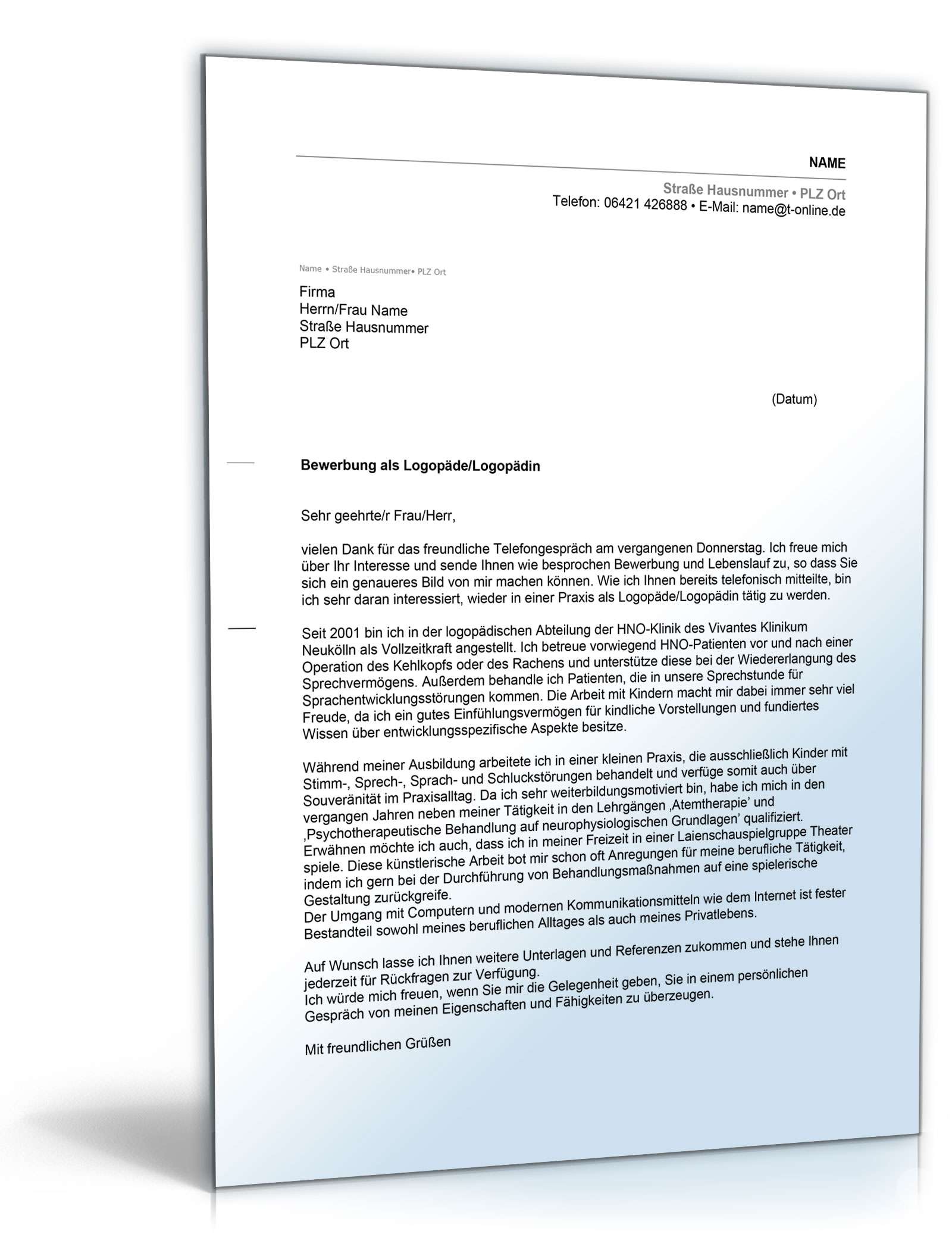 Anschreiben Bewerbung Logopäde | Muster zum Download