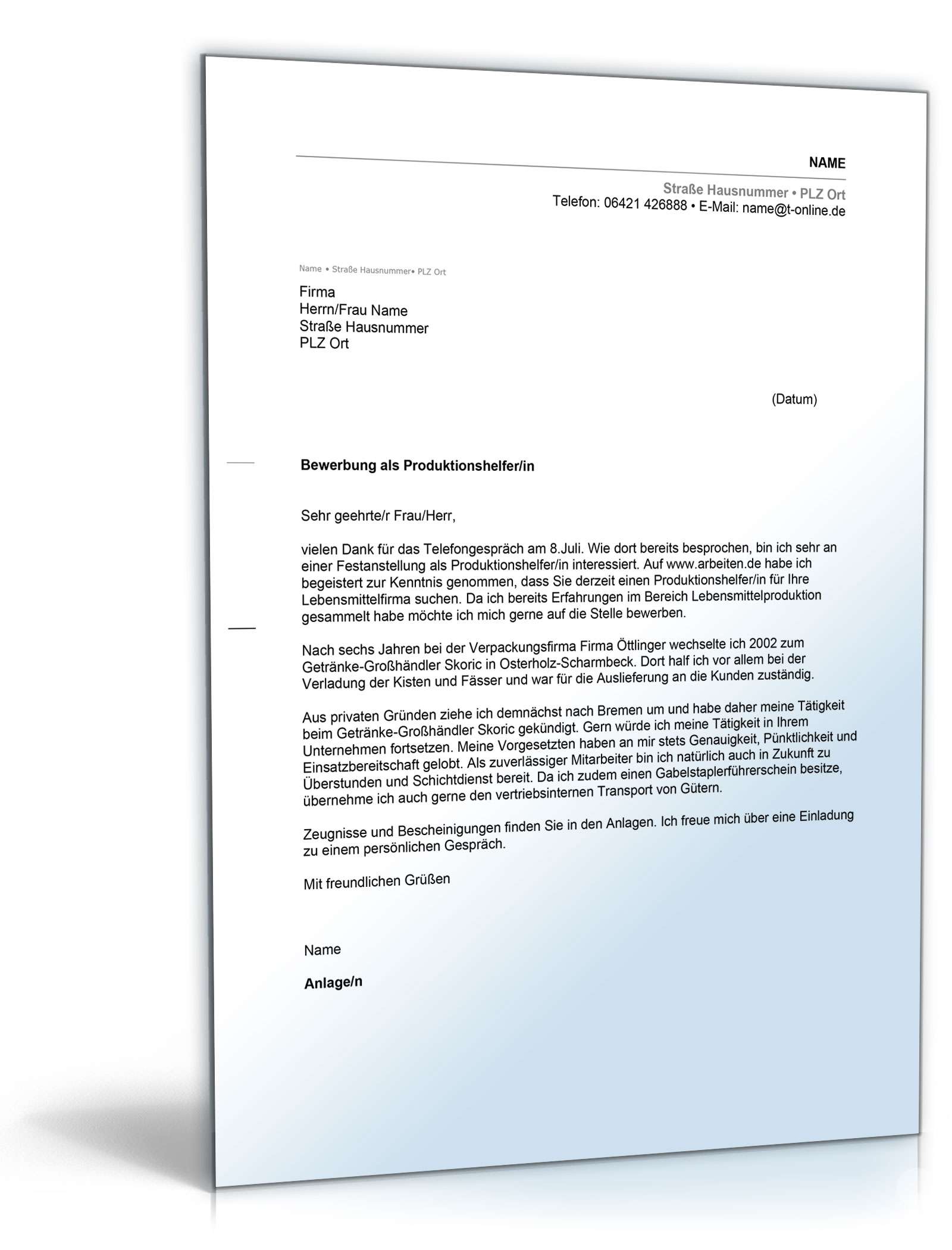 Anschreiben Bewerbung Produktionshelfer | Muster zum Download