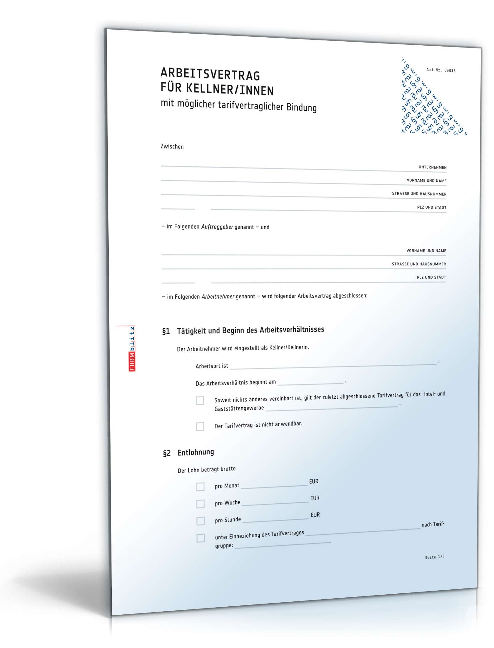 Arbeitsvertrag Kellner | Muster zum Download