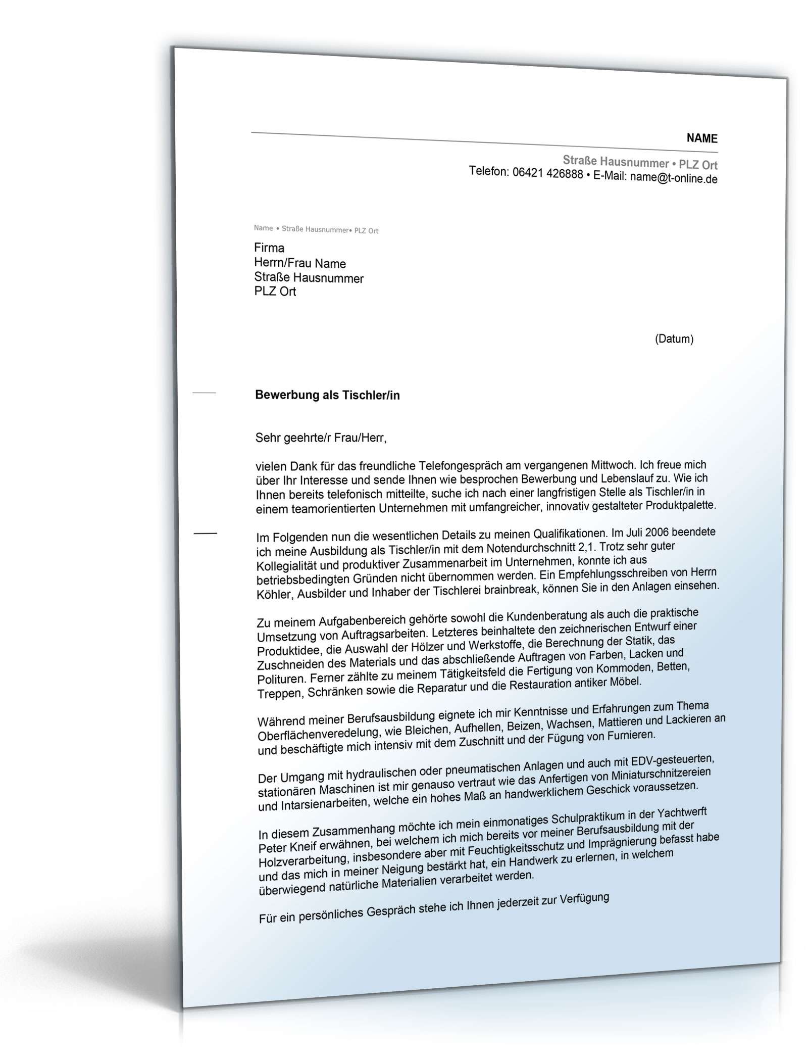 Anschreiben Bewerbung Tischler | Muster zum Download