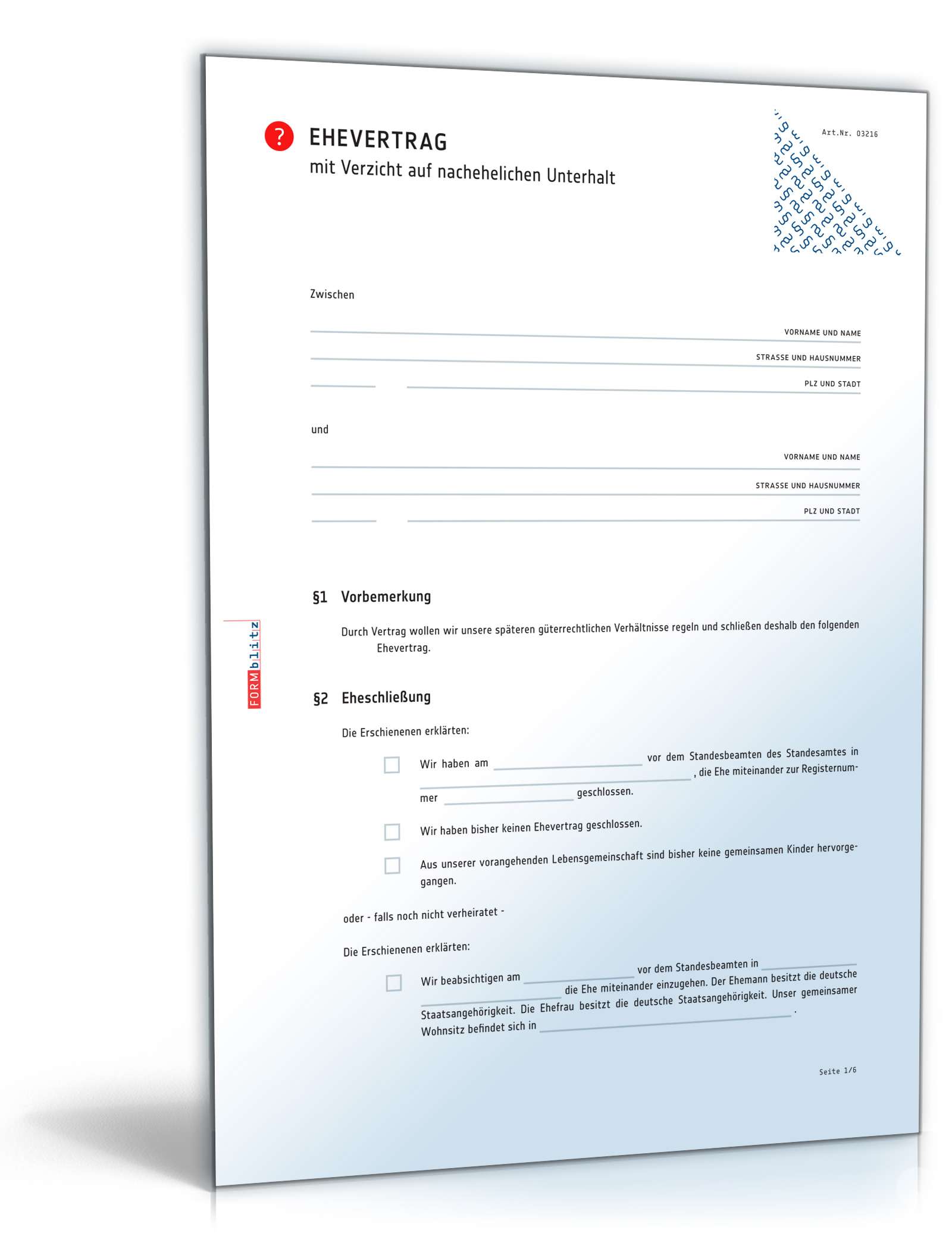 Ehevertrag (Verzicht Auf Nachehelichen Unterhalt) - Muster-Vorlage Zum ...