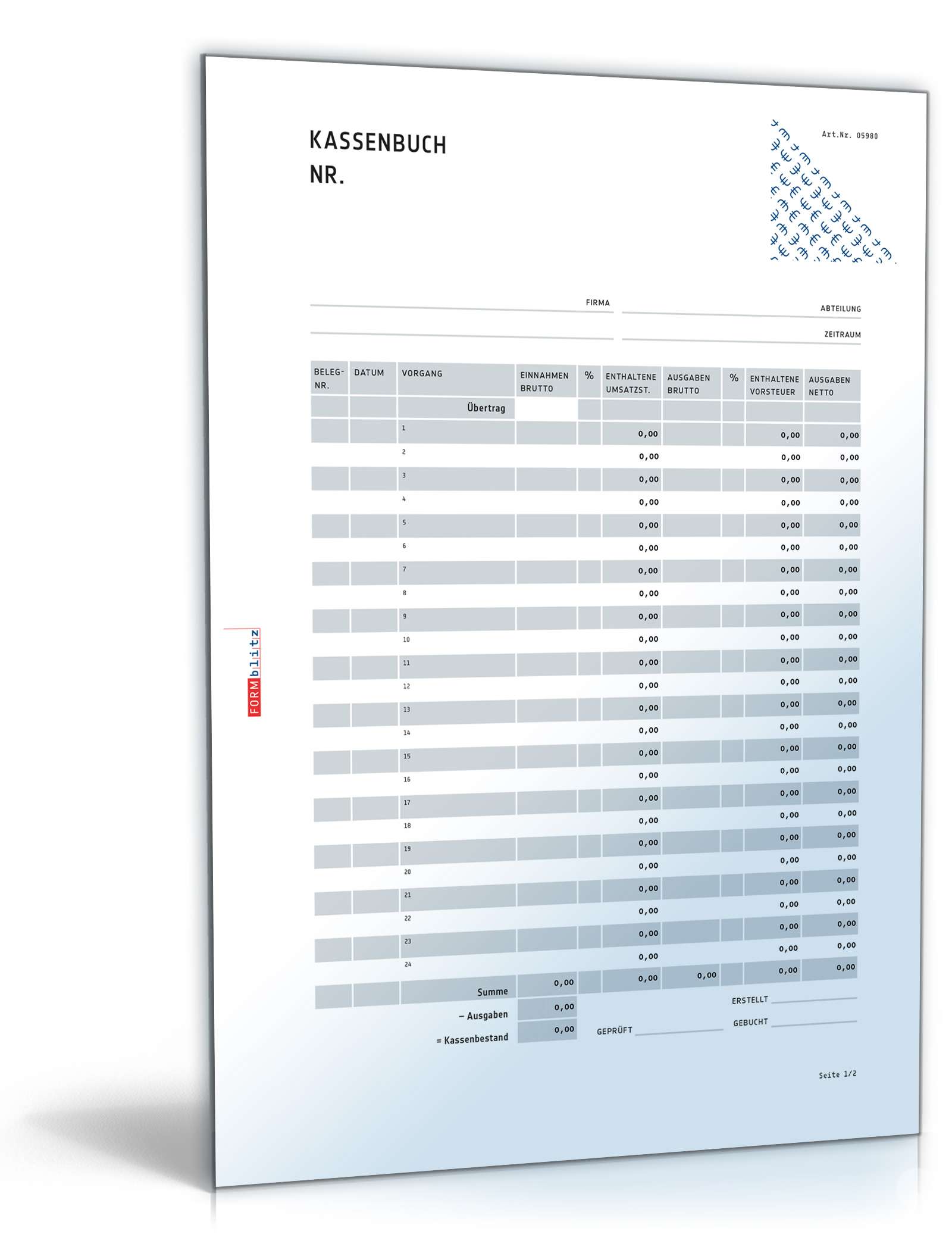 Kassenbuch im Hochformat | Formular zum Download