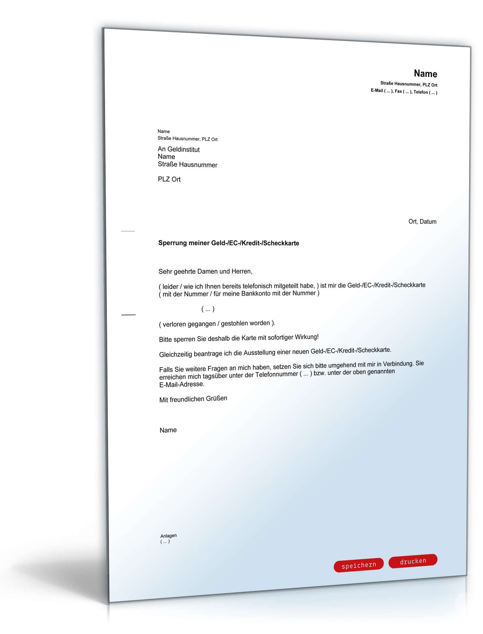 Sperrung Geldkarte/EC-Karte/Kreditkarte | Muster zum Download