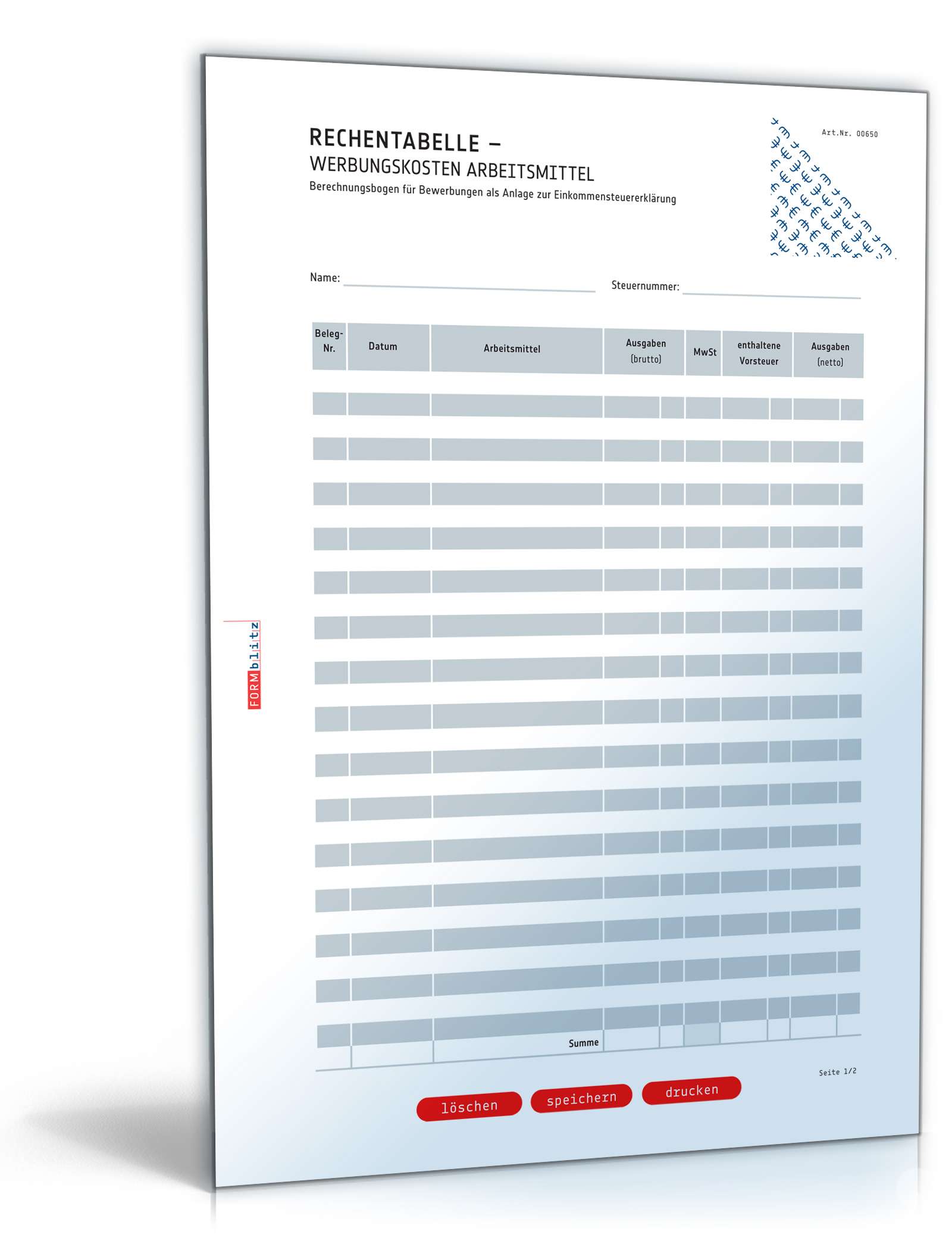 Rechentabelle Werbungskosten Mit Mehrwertsteuer | Vorlage Zum Download