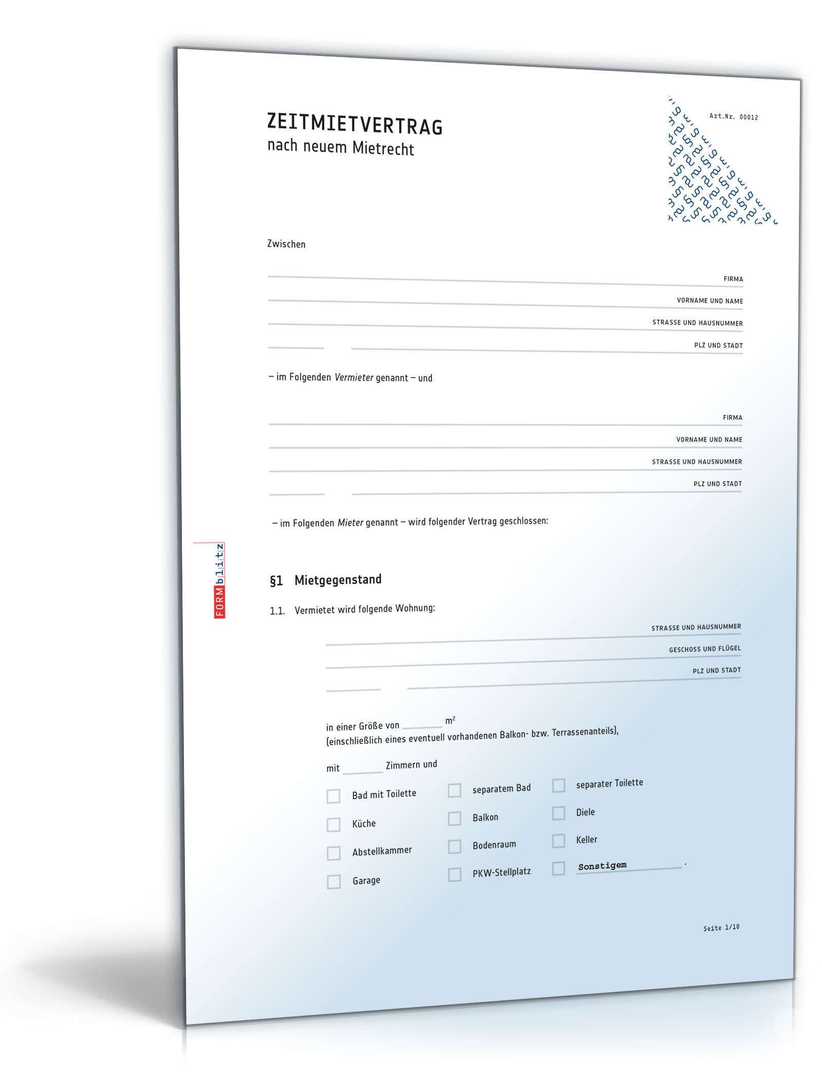 Hauptbild des Produkts: Zeitmietvertrag Wohnraum