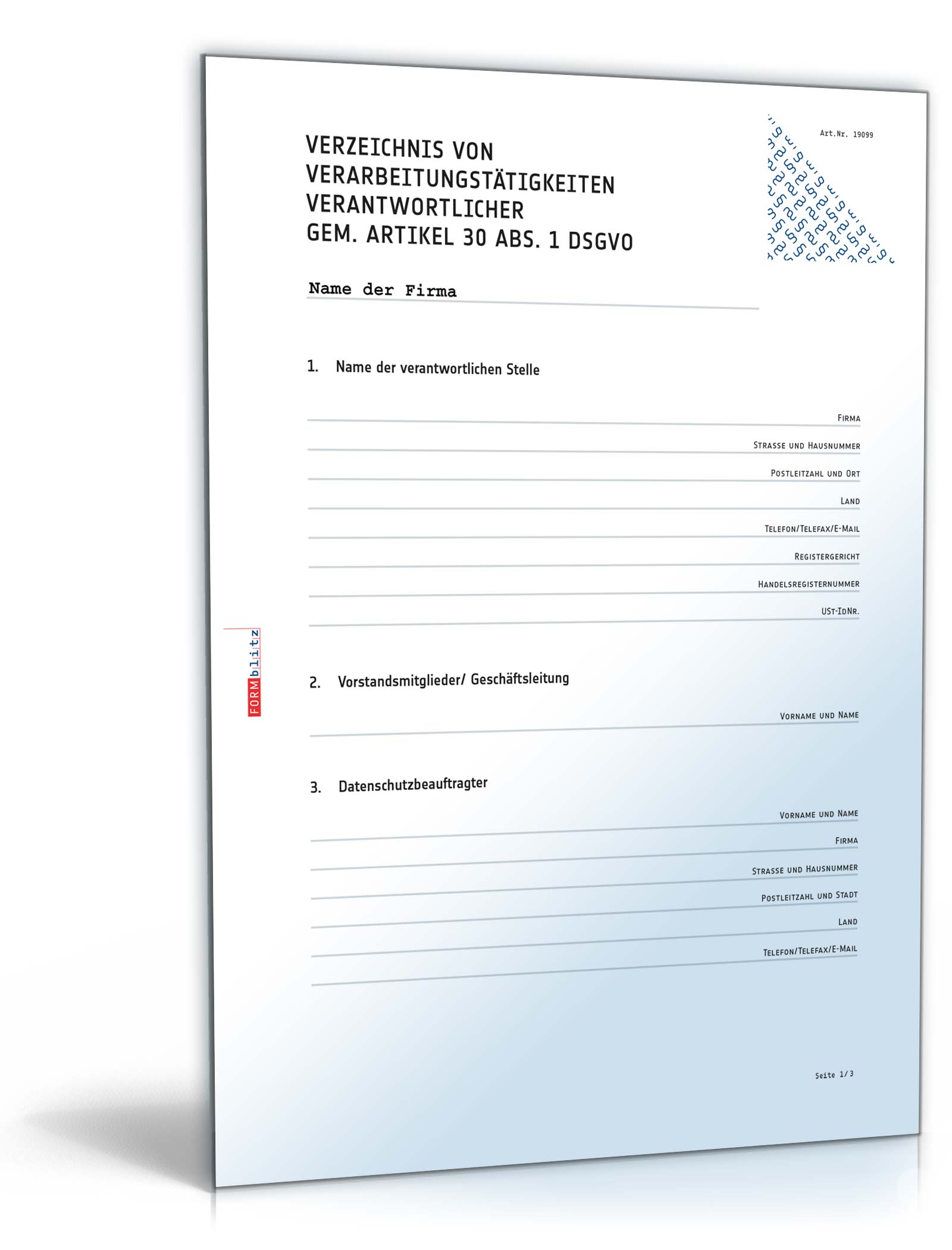 Hauptbild des Produkts: Datenschutzrechtliches Verfahrensverzeichnis Verantwortlicher DSGVO