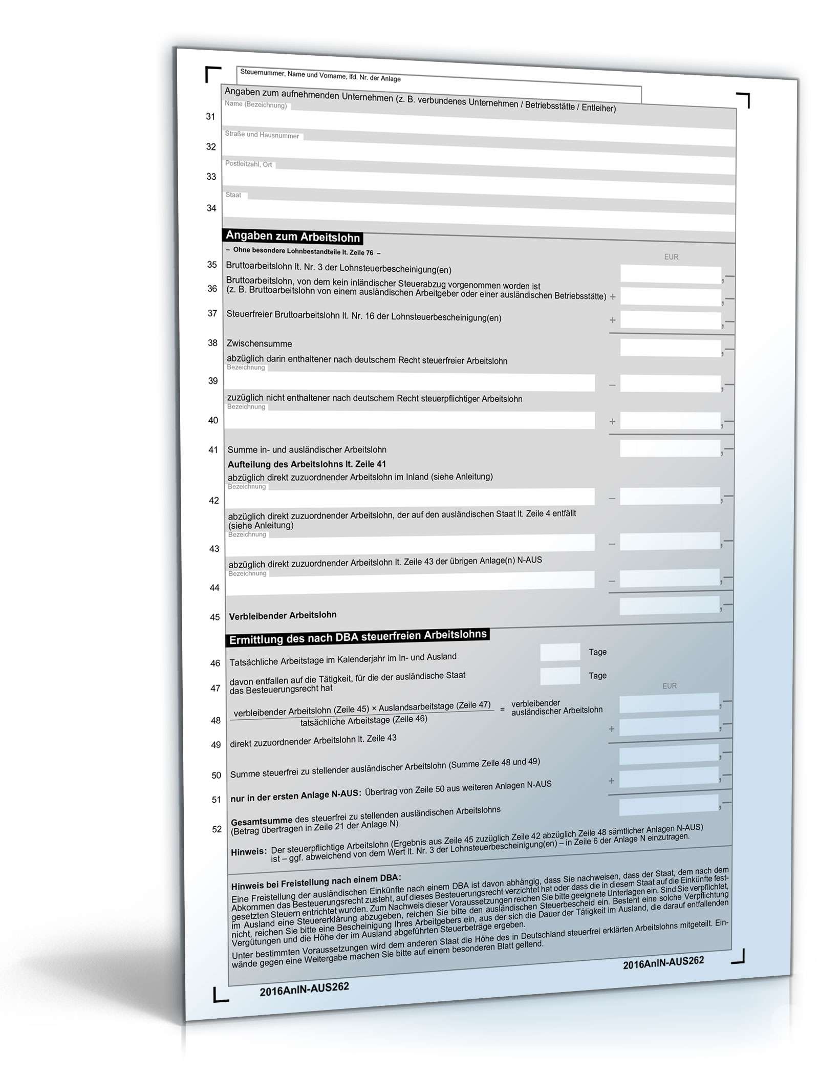 Anlage N-AUS 2016 | Steuerformular zum Download