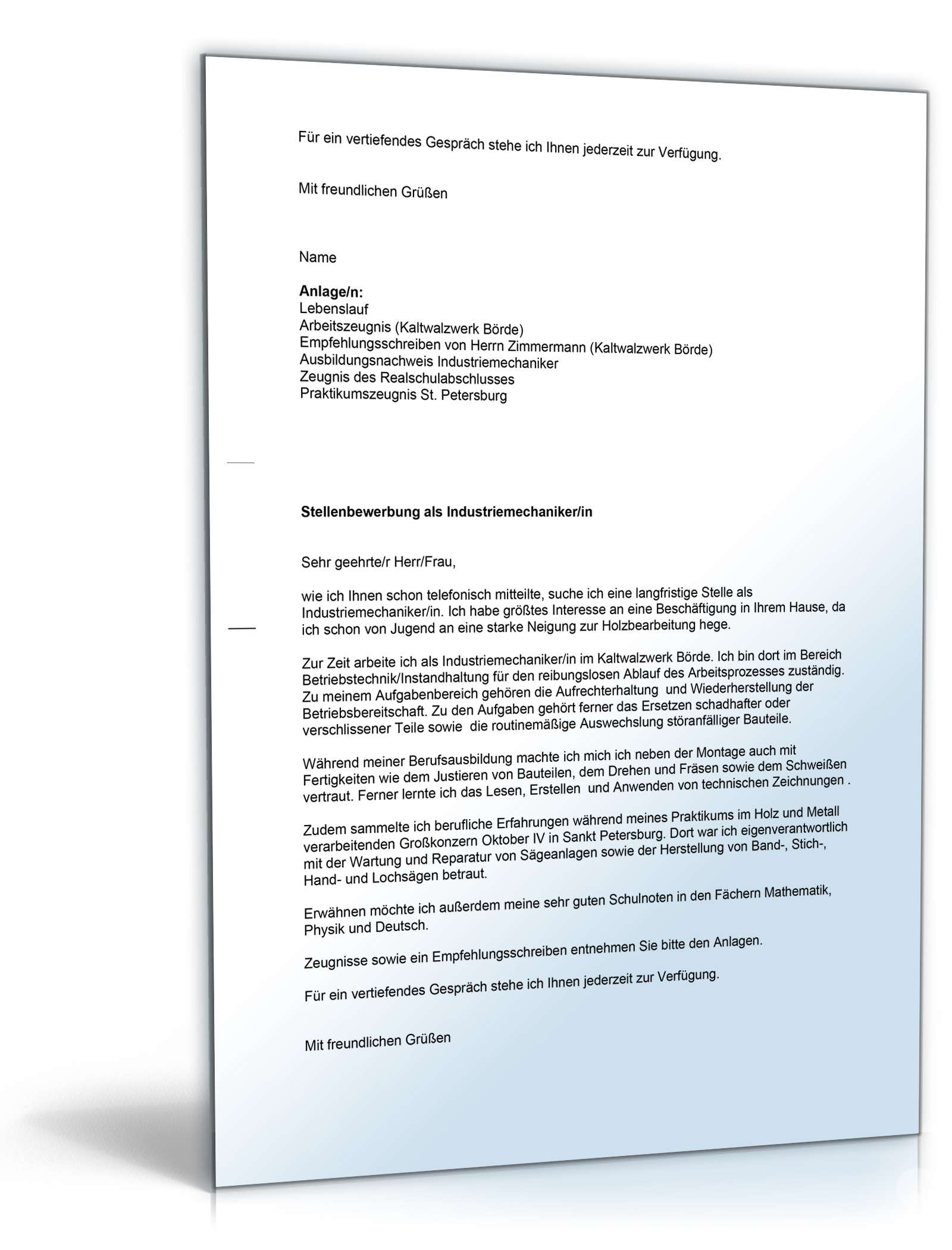 Anschreiben Bewerbung Industriemechaniker | Muster zum Download