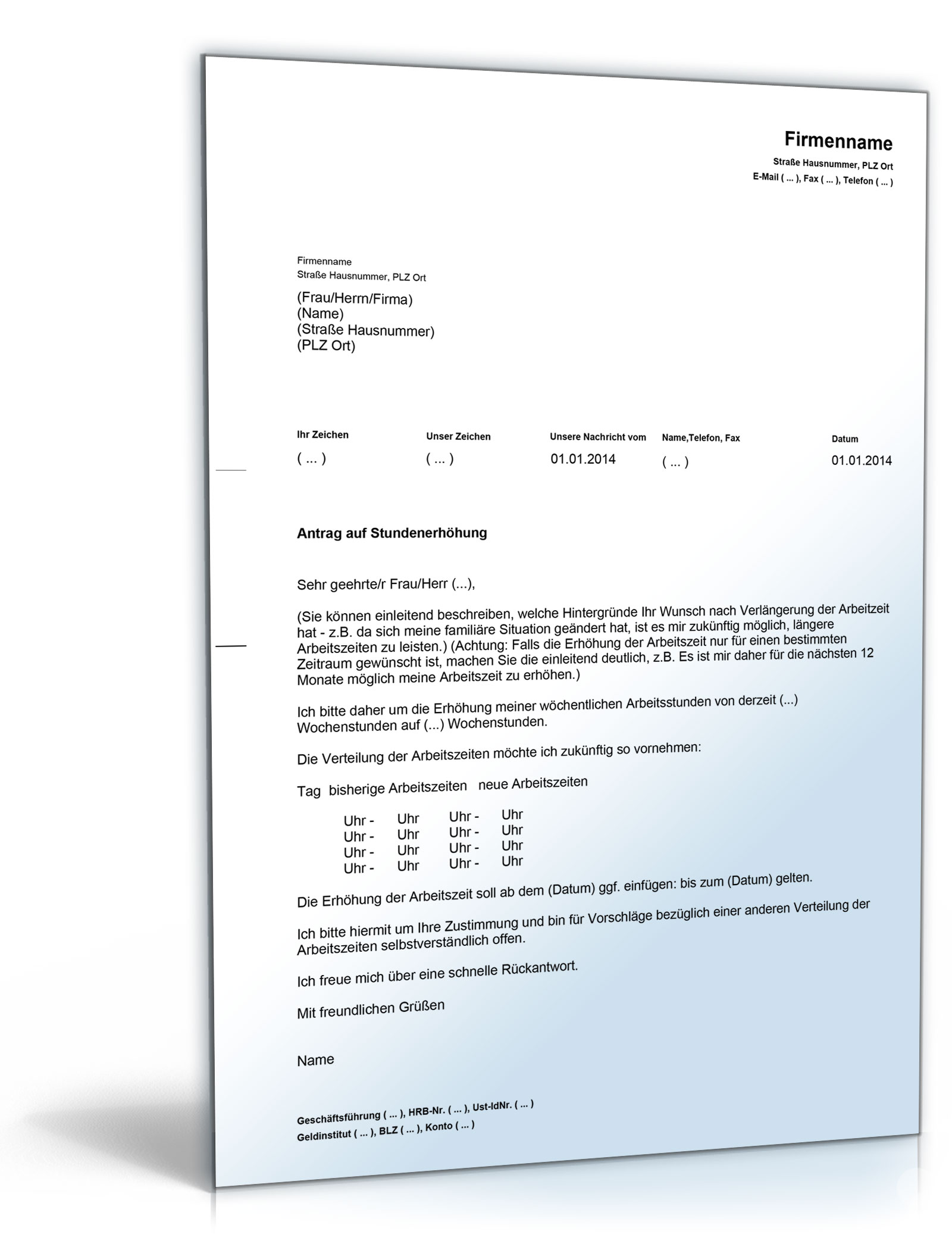 Das Bild zeigt die Vorlage formloser Antrag auf Stundenerhöhung.