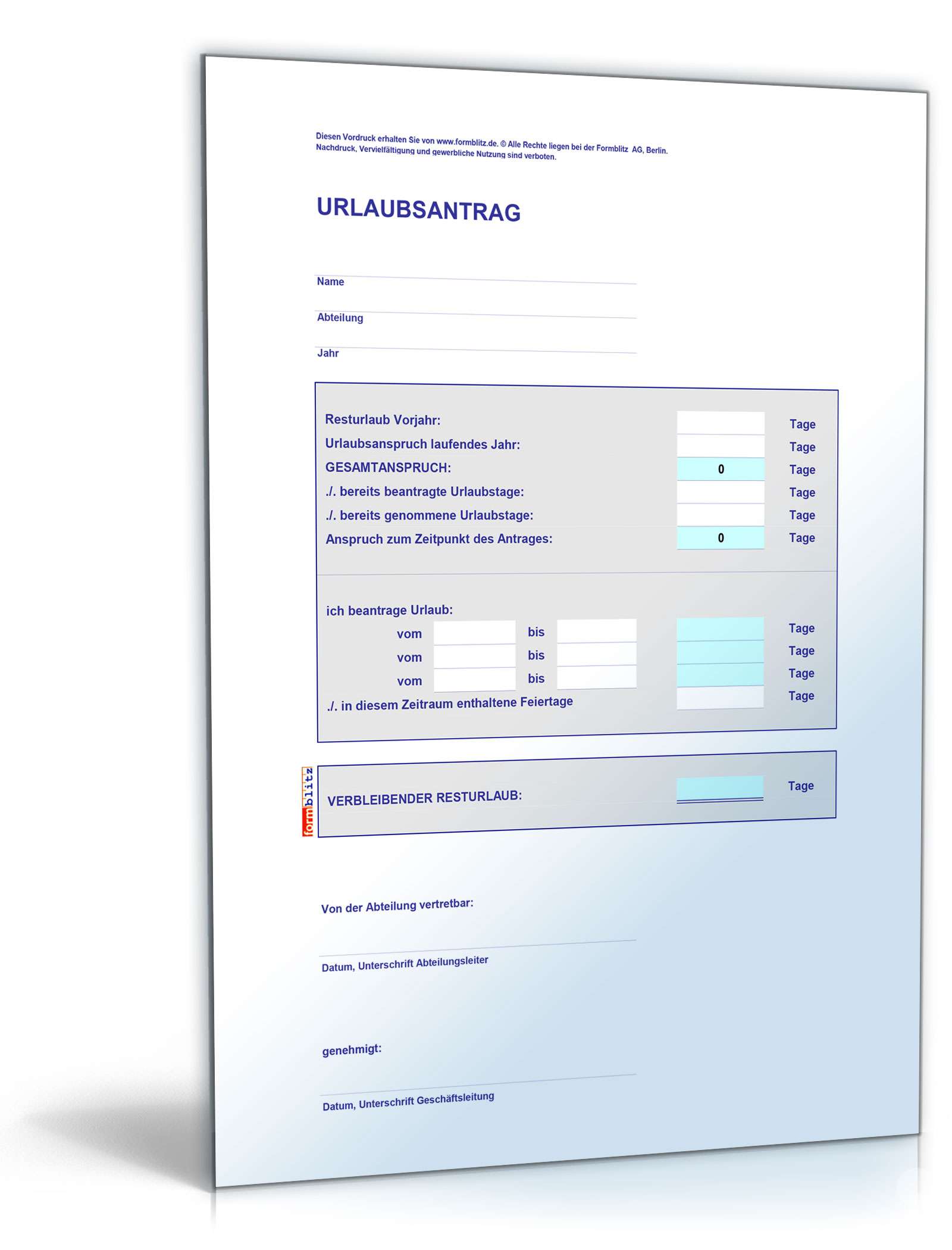 Urlaubsantrag mit Resturlaubsberechnung