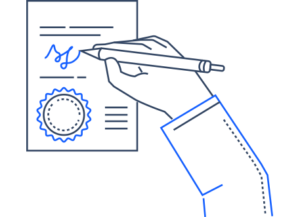 Eine Grafik mit einer Hand, die ein Dokument signiert.